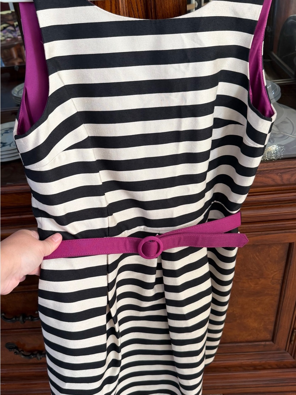 White House Black Market Black & White Striped Sleeveless Dress with Purple Belt